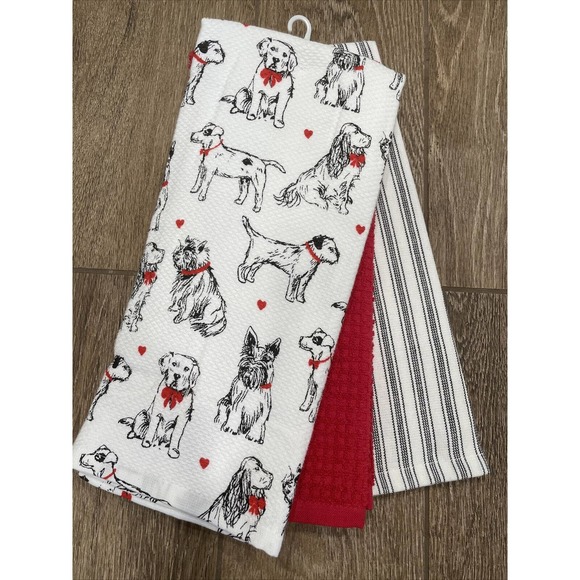 Set 3 DOGS Black White Stripe Red Kitchen Towels Dog Fur Mom Mother’s Day NWOT - Picture 1 of 3